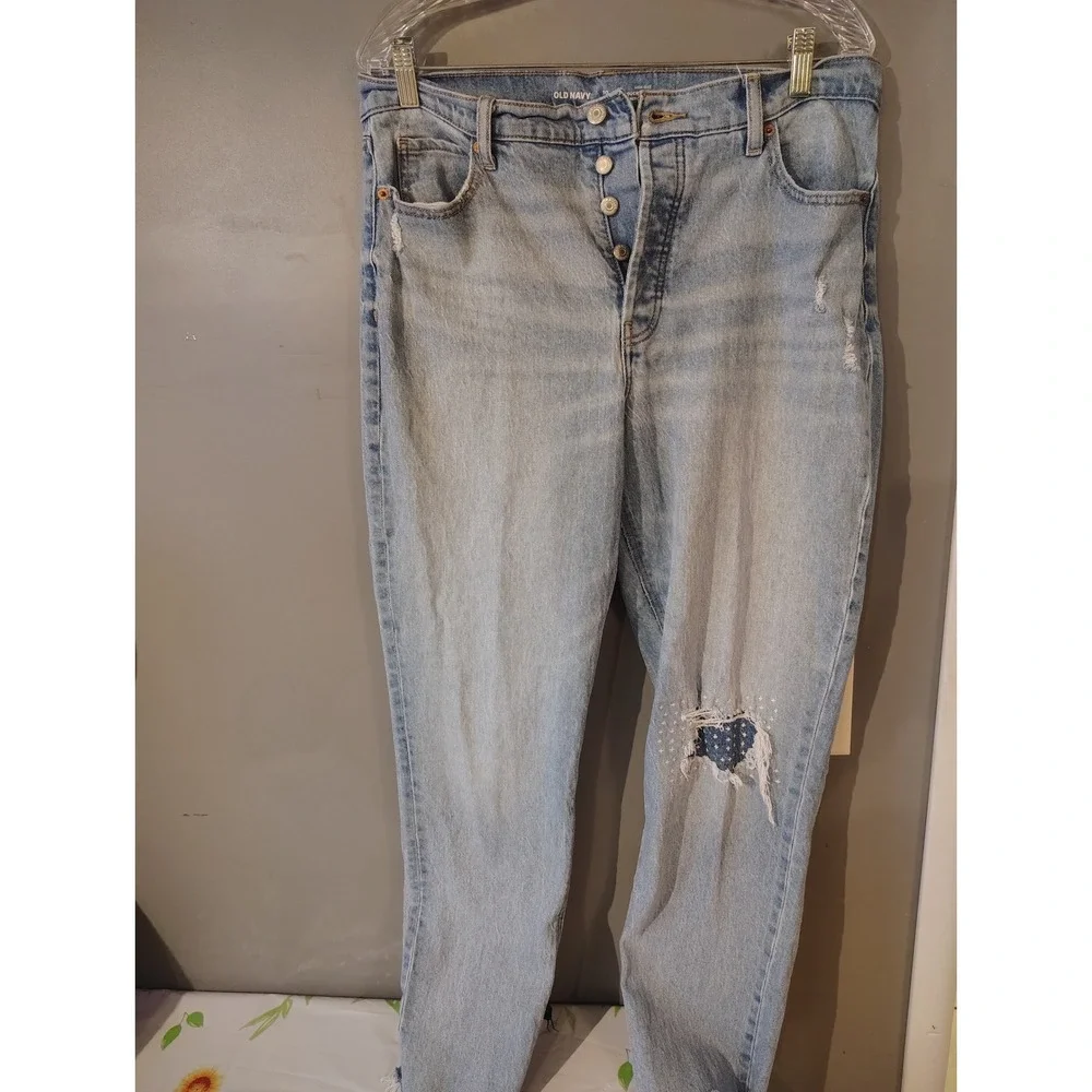 Old Navy High Rise Slouchy Straight Jeans Light Wash Distressed Patch Size 10